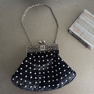 Vintage Black Beaded Evening Bag with Gold Frame Elegant.